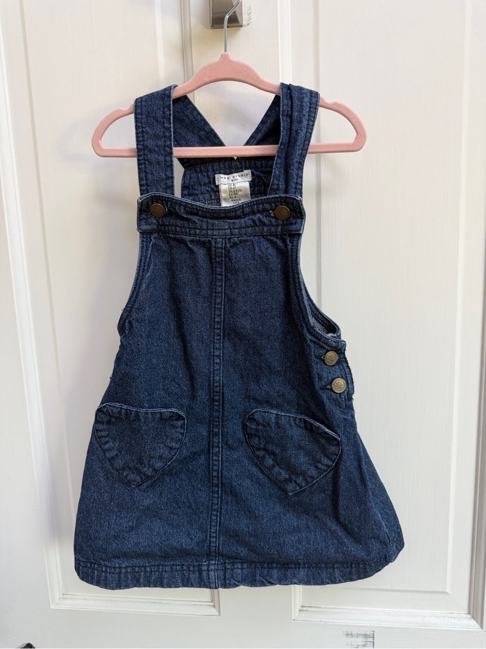 Max Studio Kids 4T Girls Dark Blue Denim Pinafore Dress Overalls with Hearts